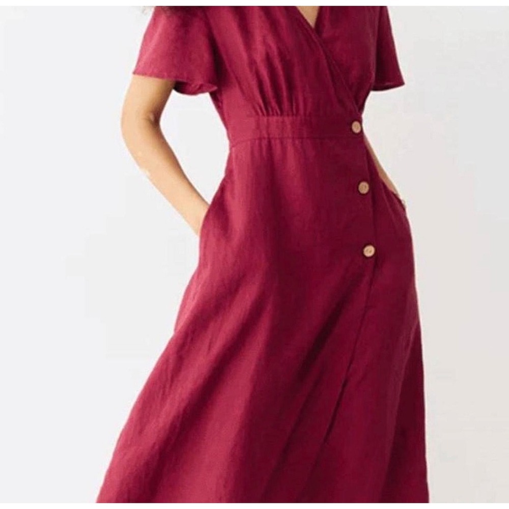 Grae Cove Safiya Linen Wrap Midi Dress Womens M Red Short Sleeve Coastal Summer